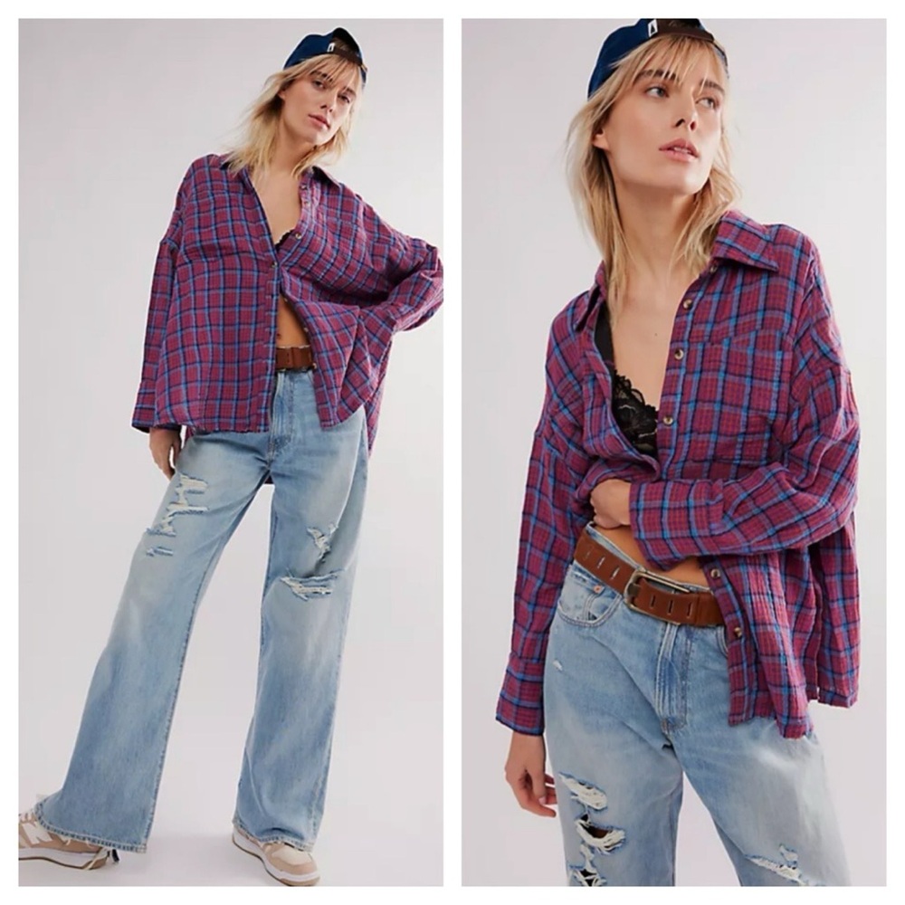 NWT Free People Cardiff  Plaid Shirt Purple Combo